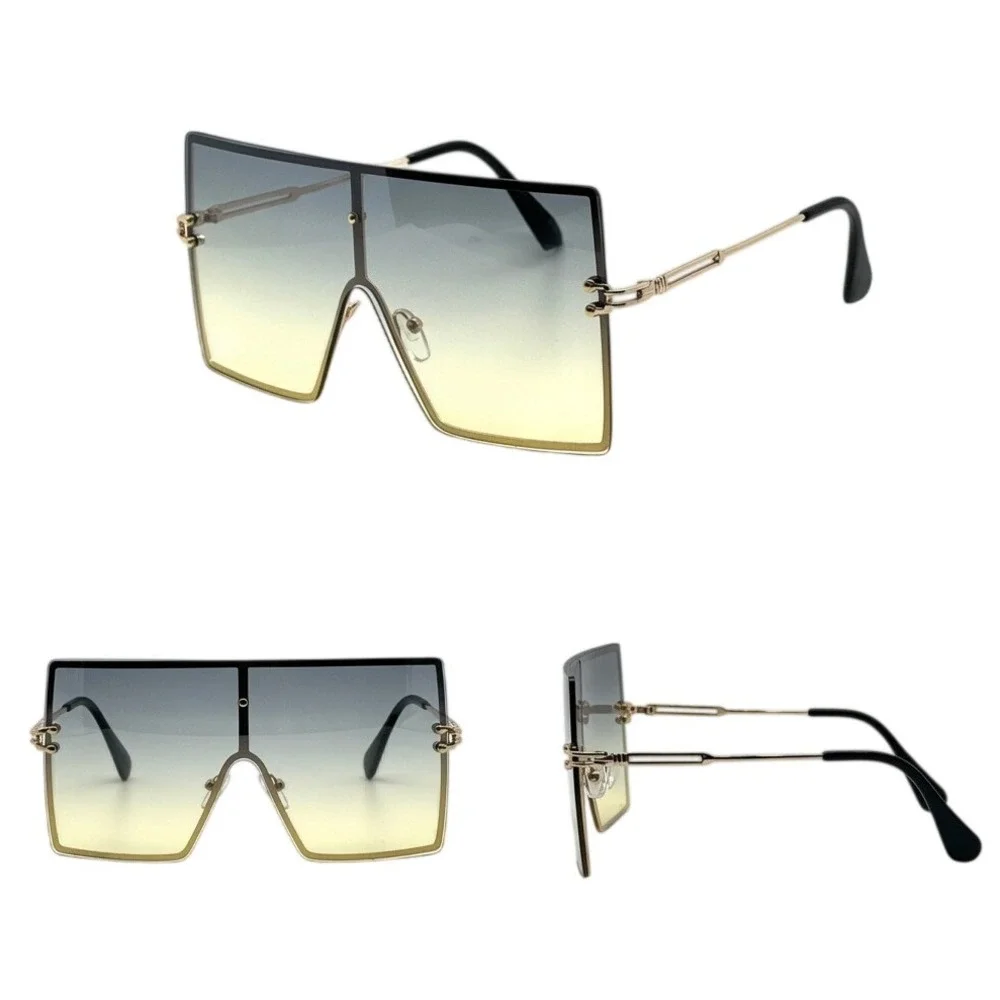 Women Oversized Square Shield Sunglasses Green Yellow Gold Flat Top Shade Trendy
